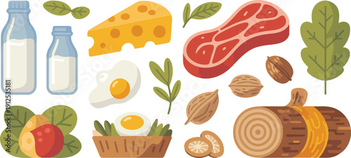 Organic Food and Nature Vector Set Hand-Drawn Milk, Meat, Eggs, and Nuts