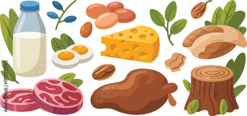 Organic Food and Nature Vector Set Hand-Drawn Milk, Meat, Eggs, and Nuts