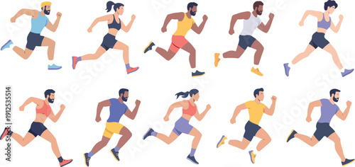 People Running Vector Set  Men and Women Sprinting and Moving Fast Illustration