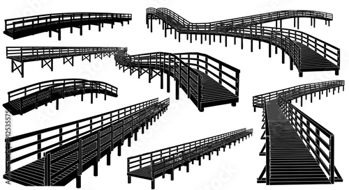 Collection of wooden boardwalks and ramps in various perspectives, isolated on a white background, ideal for architectural and outdoor designs.