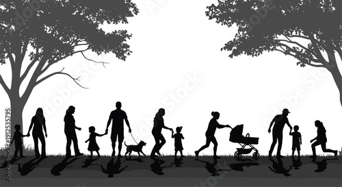 People silhouettes walking in park, families with children and strollers, outdoor community activities, diverse group of people enjoying nature landscape.