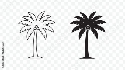 Minimal palm tree icons in black and white, simple tropical design elements for decoration, travel and nature concepts