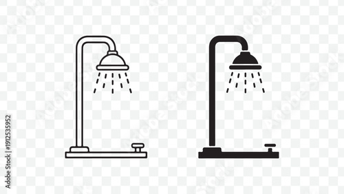 Modern minimalist shower head icons, black and white, simple bathroom symbols, geometric design elements