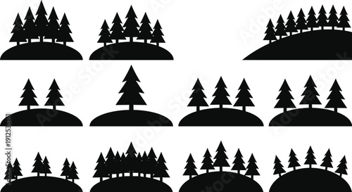 Pine forest hill silhouettes set, evergreen tree landscape collection, nature woodland scene elements, outdoor environment design, flat vector illustration