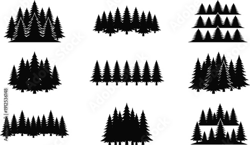 Pine forest silhouettes collection, evergreen tree landscape set, nature woodland scene elements, outdoor environment design, flat vector illustration
