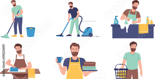 Man Doing Household Chores Vector Set – Cleaning and Home Care Activities