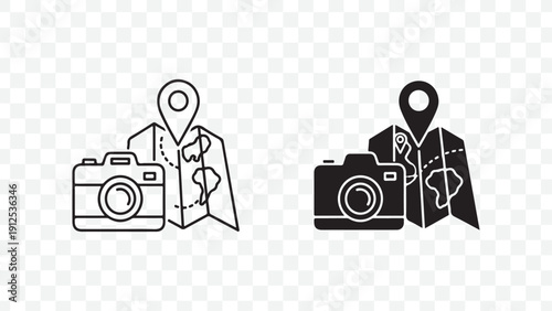 Map Marker Camera Icons for Travel and Photography isolated on Transparent Background