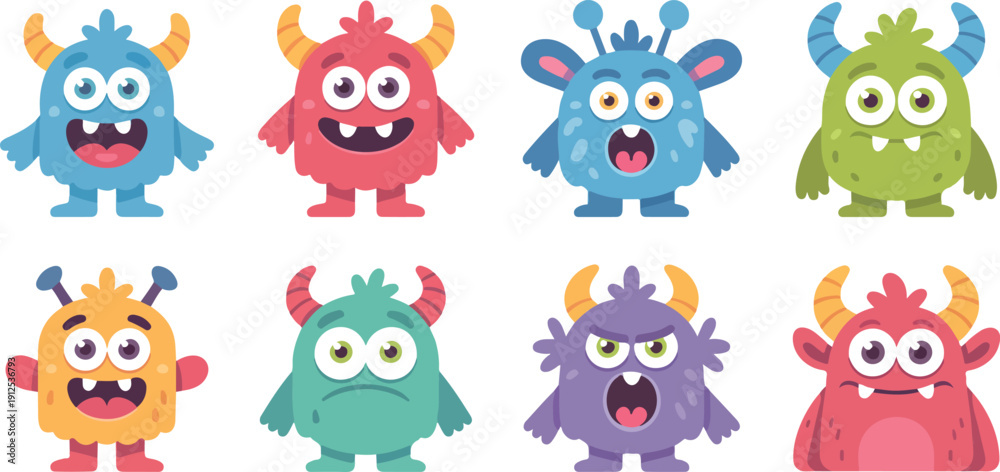 Obraz premium Cute Monster Emotions Vector Set Colorful Kawaii Cartoon Characters