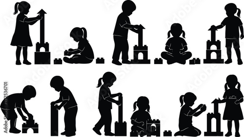 Children playing with building blocks vector silhouettes set, kids constructing toy towers, preschool educational play activities, childhood development and creativity icons.