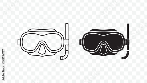 Diving goggles and snorkel equipment vector icons isolated on Transparent Background