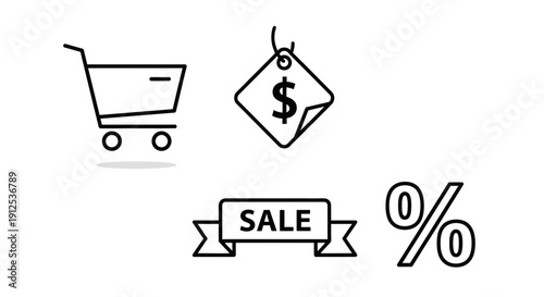 Shopping Cart, Sale Tag, Ribbon, and Percentage Icons: Online Shopping and Discount Symbols