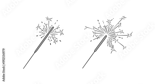 Sparkler fireworks, two lit sparklers with glowing sparks, isolated on white background, celebration concept