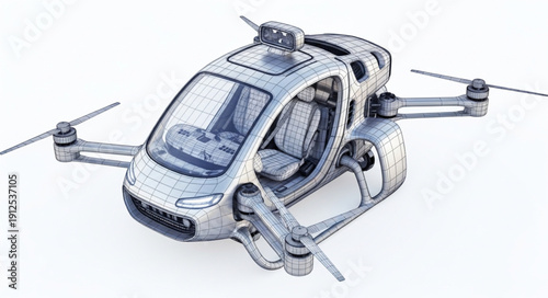 Futuristic flying car with propellers and sleek design.