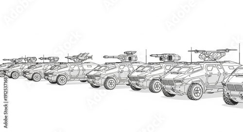 Row of military armored vehicles with turrets and cannons.