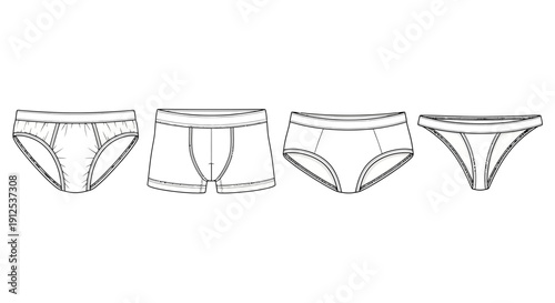 Set of four men's underwear styles: briefs, boxer briefs, trunks, and thong, line drawing.