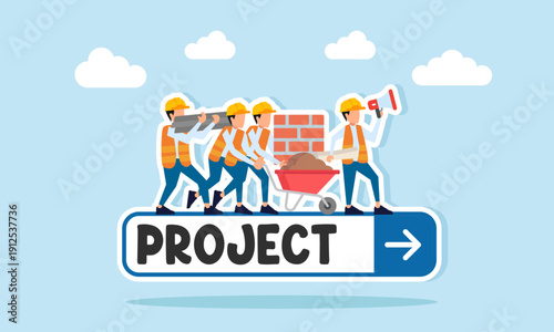 Engineers Standing on Search Engine with Project Text Illustration of Preparing to Find Construction Projects