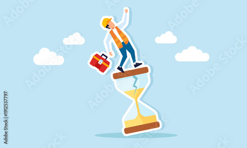 Engineer Nearly Falling from Broken Hourglass Illustration of Construction Project Deadline Failure