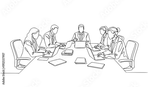 SEO Title
Continuous line vector illustration of two coworkers communicating in modern office style