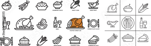 Food Puzzle Icon Set Featuring Rice Bowl, Carrots, Pie, Corn, Turkey, Wine Bottle, Soup