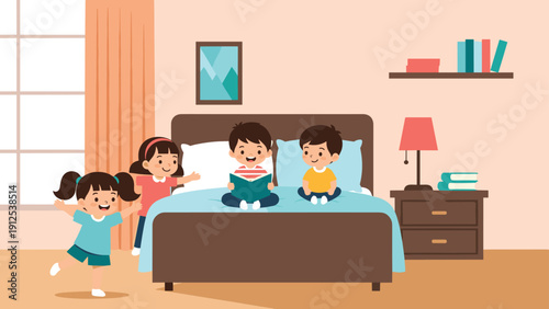 Happy children enjoy their time together while reading a book and playing on a comfortable bed in a brightly lit modern bedroom.