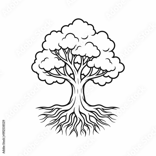 Rooted in Resilience: A stately tree illustration embodies strength, growth, and enduring life. Its branches reach towards the sky, its roots anchor firmly to the ground.