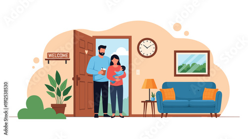 Smiling family with a newborn baby stands at the open front door of their home welcoming guests into their cozy living space.