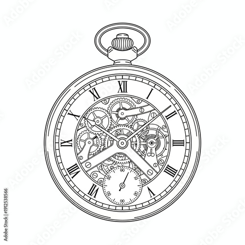 Intricate Timepiece: A detailed illustration of a classic pocket watch, revealing the inner workings of gears, springs, and roman numerals, symbolizing precision and the passage of time.