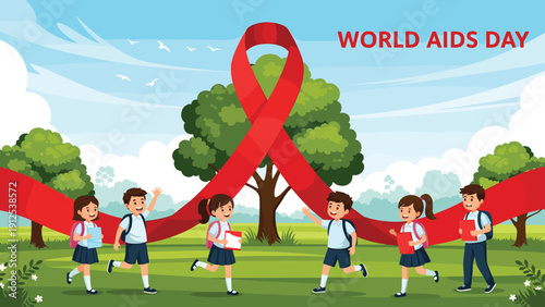 Excited school children run happily in a green park past a giant red ribbon to raise awareness for world aids day event.