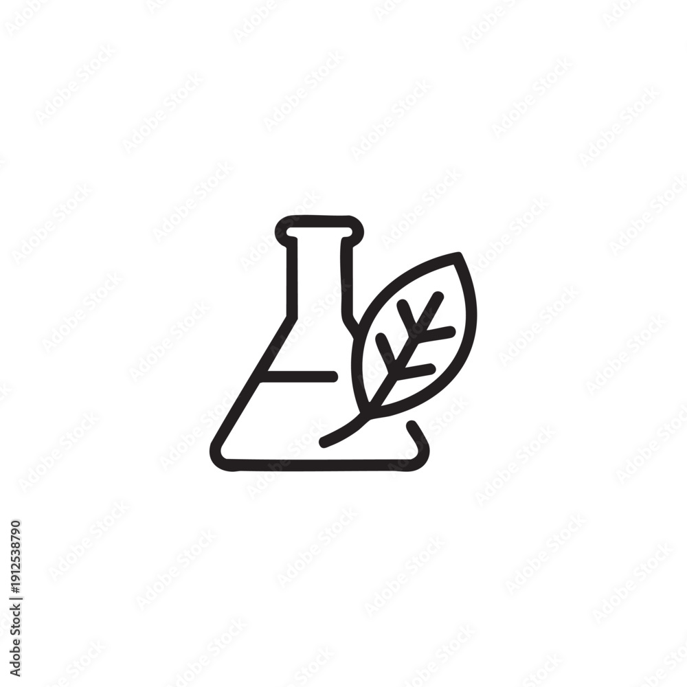 Obraz premium A simple line drawing of a laboratory flask with a leaf beside it on a plain surface viewed from the side