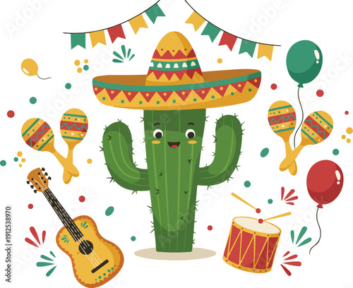Cactus wearing a sombrero surrounded by festive mexican party decorations and instruments on white background