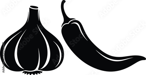 Garlic and Chili Pepper Silhouette - Spicy Cooking Ingredients Vector