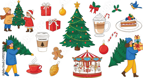 Colorful winter holiday set with children decorating Christmas tree carousel festive drinks gifts and woman carrying pine tree