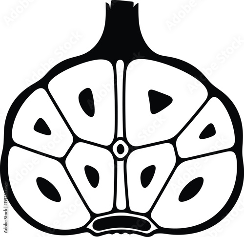 A solid black silhouette of a garlic bulb cleanly sliced in half, revealing the distinct individual cloves within its structure, on a bright white background.