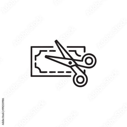 Iconic illustration of scissors cutting a coupon, symbolizing savings, discounts, and promotions from a top view