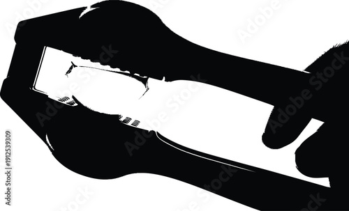 A garlic press silhouette with a garlic clove inside, suggesting crushing, a clean white background.