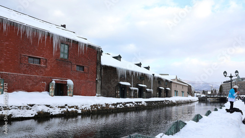 The Romantic Winter Snowscape of the Historic Otaru Canal in Hokkaido.