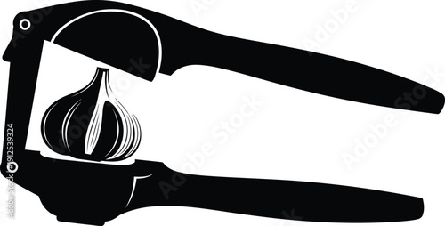 A garlic press silhouette with a garlic clove inside, suggesting crushing, a clean white background.