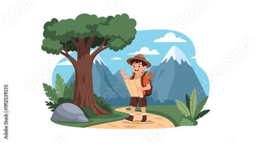 Young hiker with a wide brimmed hat and map explores a scenic mountain trail during a bright sunny day in the great outdoors.