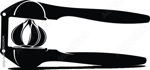 A garlic press silhouette with a garlic clove inside, suggesting crushing, a clean white background.