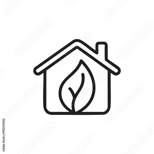 Simple line illustration of a house with a leaf inside on transparent background from a front viewpoint