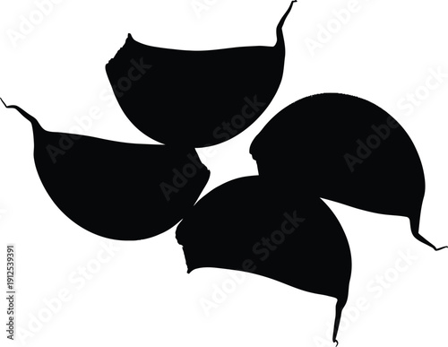 A group of 3-5 peeled garlic cloves silhouettes, arranged organically, a clean white background. Minimalist design, high contrast