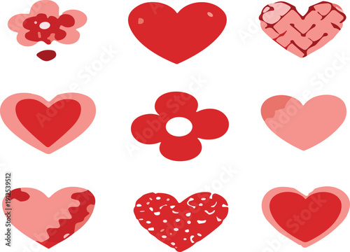Cute red and pink heart doodle vector set with playful romantic shapes for Valentine love themed illustration collection
