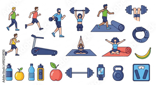 A colorful vector graphic illustration of various fitness icons and symbols for exercise and wellness