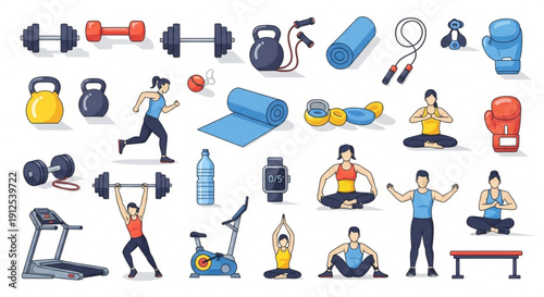 A colorful vector graphic illustration of various fitness icons and equipment for a healthy lifestyle