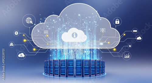 A vector graphic illustration of a cloud computing system with secure servers and network connections
