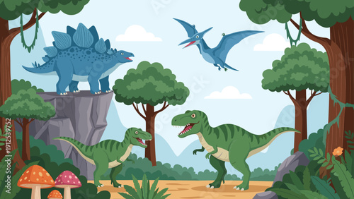 Various prehistoric dinosaurs including a t-rex and stegosaurus roam through a lush jungle with tall trees and mushrooms.