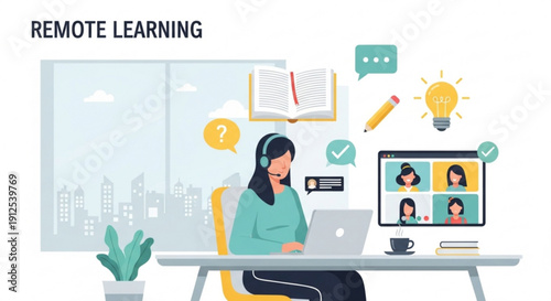 A woman engages in remote learning with a laptop and video conference on her desk in a modern workspace