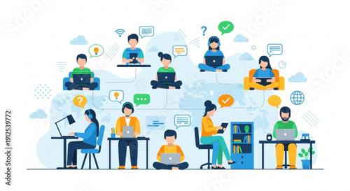 A group of people working remotely on laptops in a modern office setting with various communication and productivity symbols surrounding them.