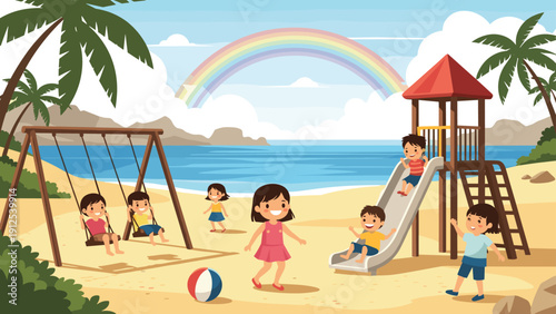 Group of happy children plays on a colorful beach playground with swings and a slide under a beautiful rainbow in the sky.