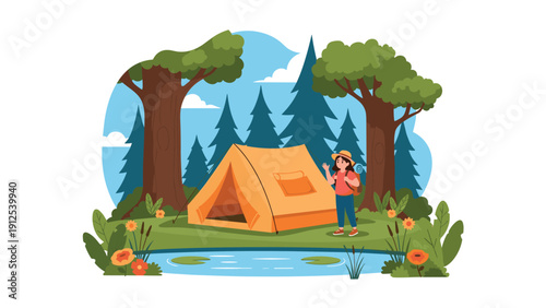 Young girl stands in front of her orange tent at a quiet forest campsite by a small lake surrounded by tall pine trees.
